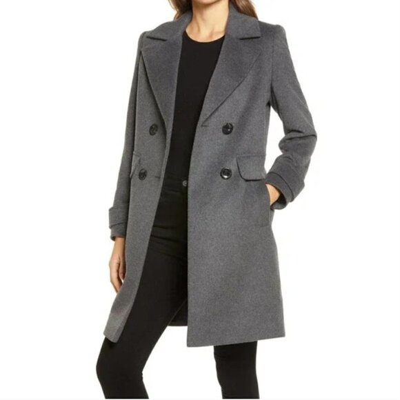 NWT Sam Edelman Double Breasted Wool Blend Twill Coat Lapel Charcoal Grey - Picture 2 of 8